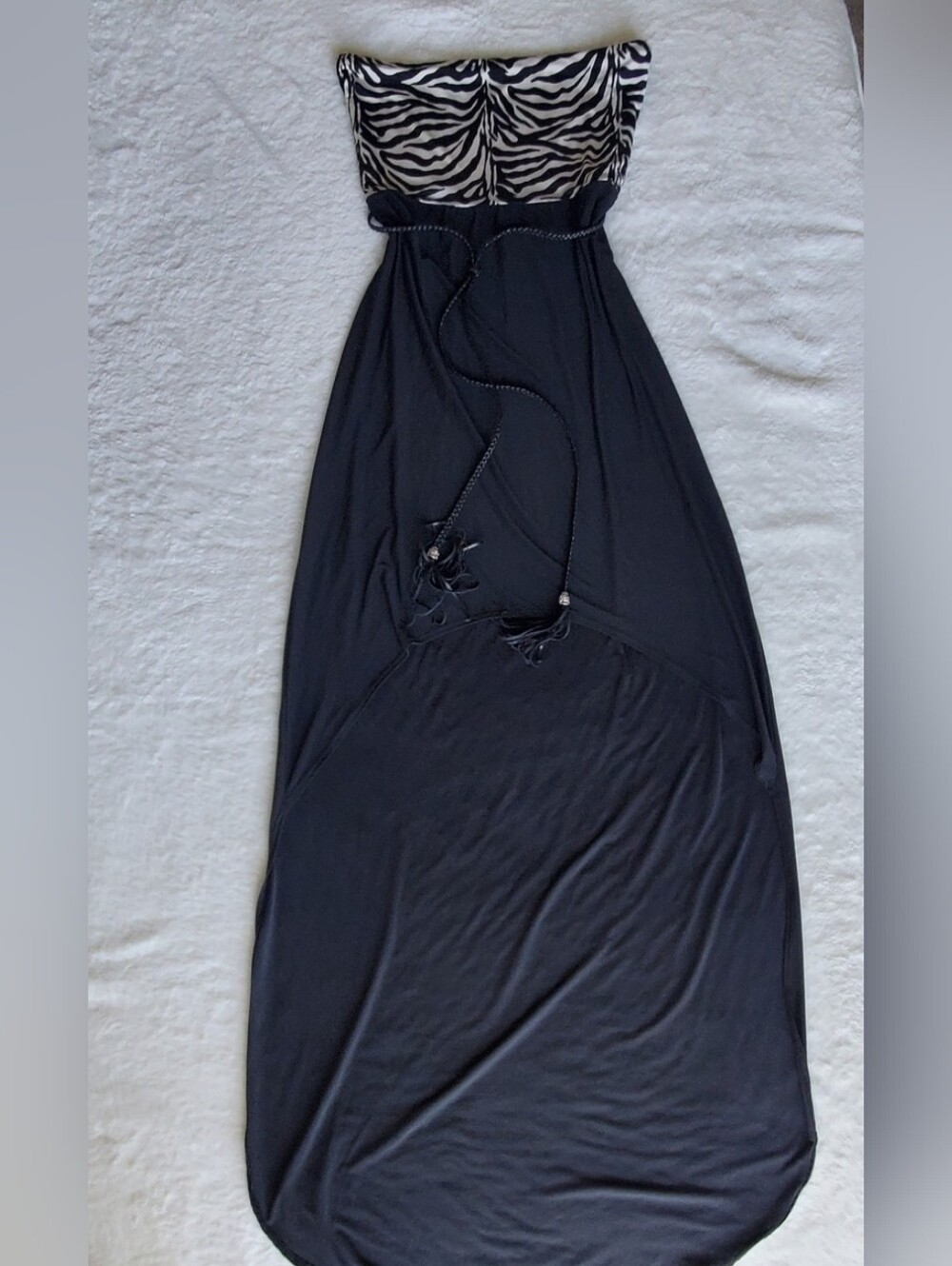 Black Maxi Dress with Zebra-Print Bust and Tassel Tie
